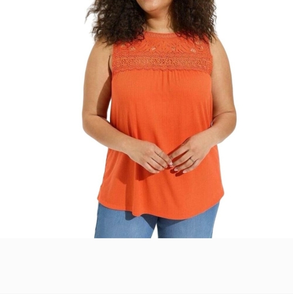 torrid Tops - TORRID Texture Jersey Crochet LaceYoke Swing Tank Mandarin Red Plus Size 2